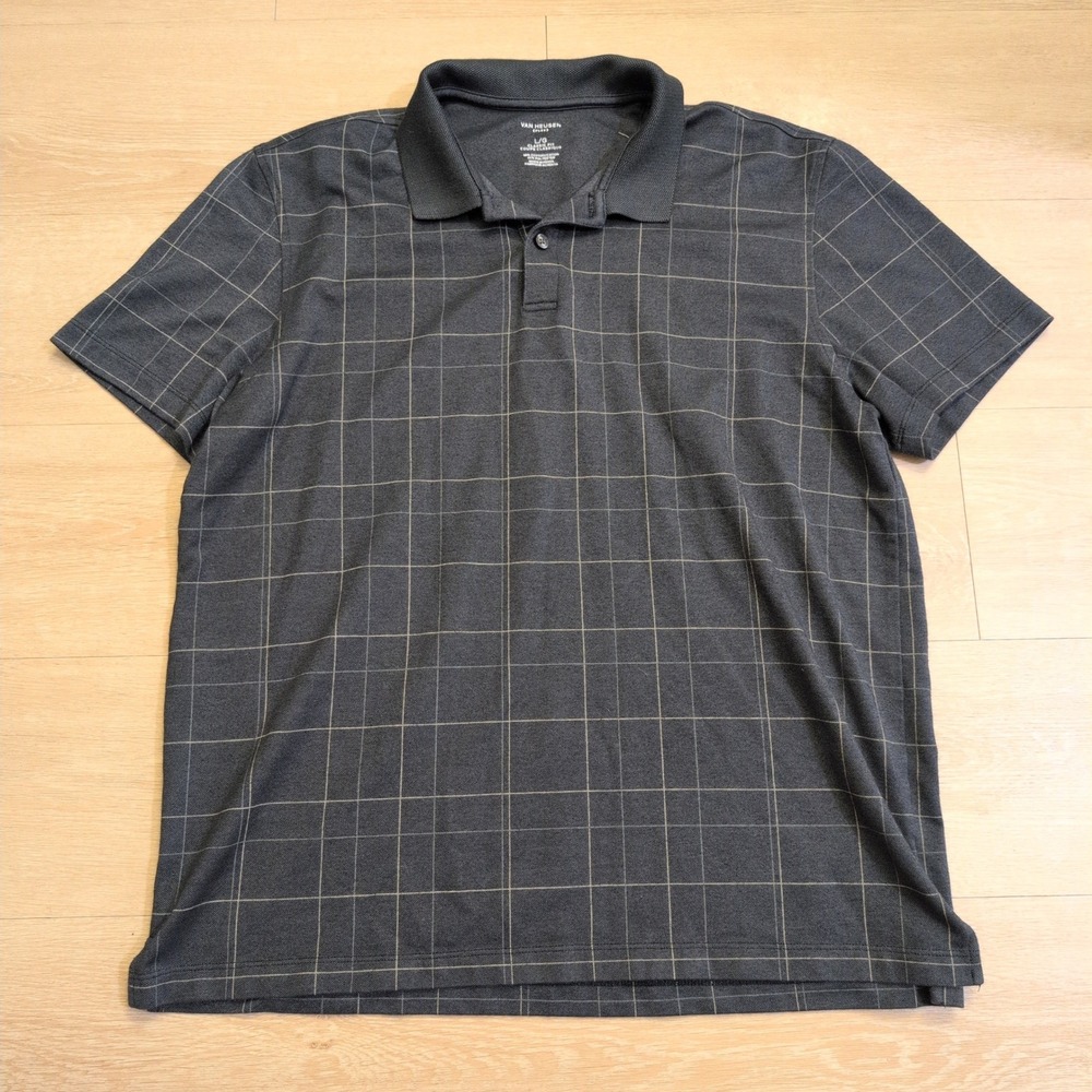 Van Heusen Flex Mens Large Classic Fit Gray Windowpane Polo Shirt Retro Golf